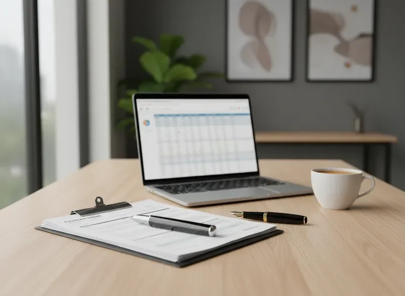 שולחן עבודה מסודר עם מסמכים פיננסיים ומחשב נייד